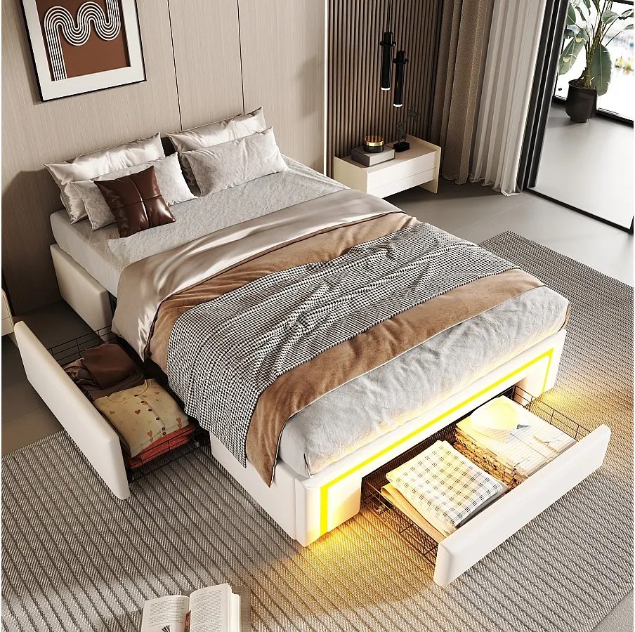 Łóżko dziecięce z pojemnikiem - 90 x 200 cm - z 2 szufladami + oświetlenie LED - bez zagłówka - skóra ekologiczna + metal + płyta MDF - białe