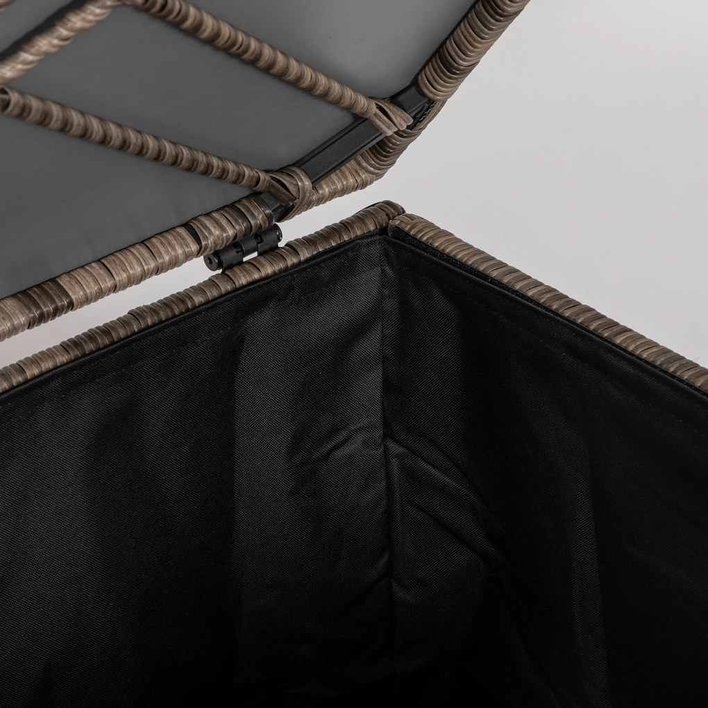 Outsunny Skrzynia na poduszki z polirotangu, wyściółka wewnętrzna, łatwe otwieranie/zamykanie, rama metalowa, 75S x 75G x 70W cm, Kolor czarny