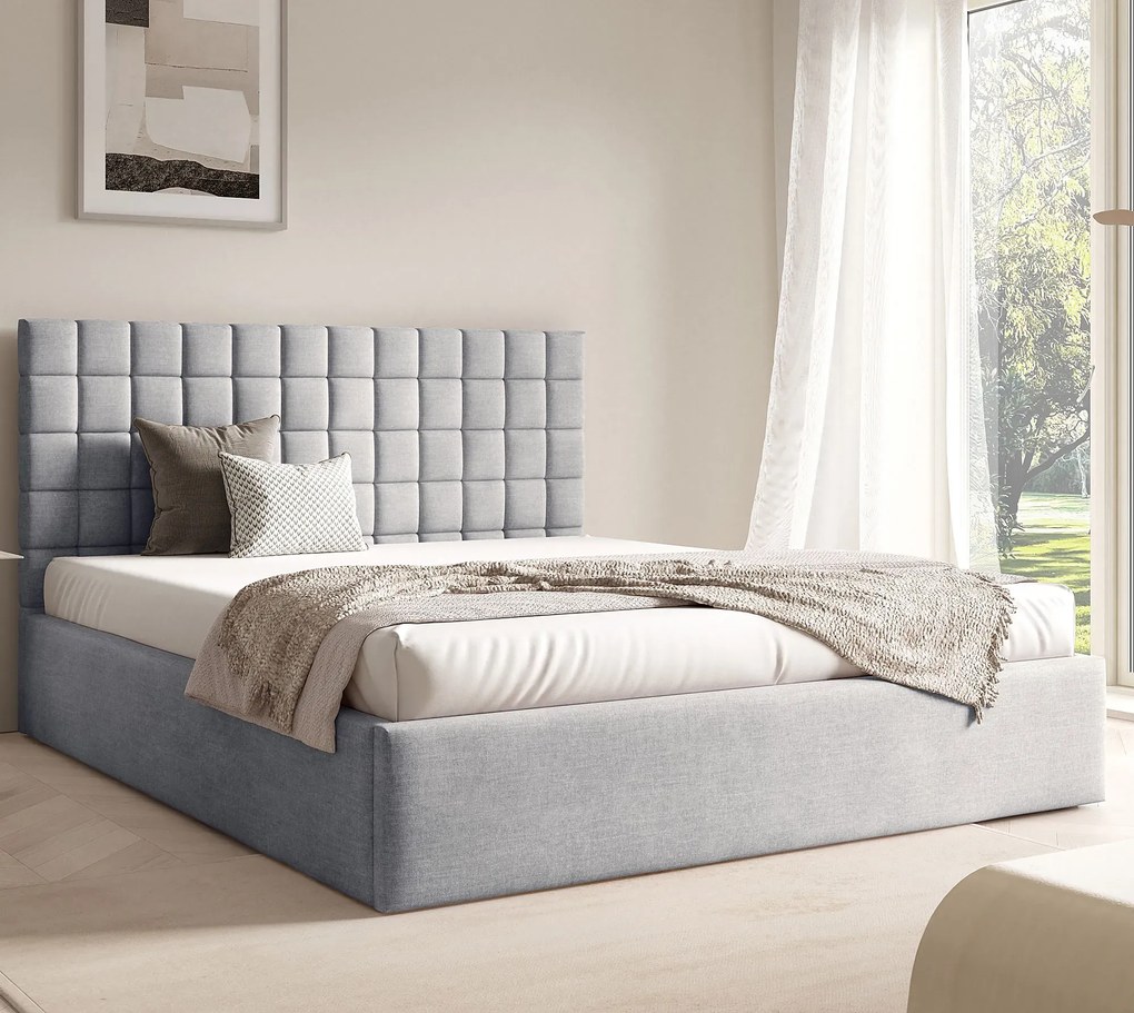 Jasnoszare tapicerowane łóżko z zagłówkiem 3 rozmiary - Merenzo