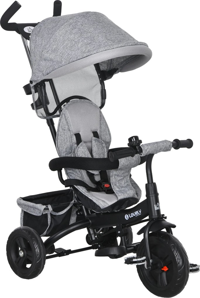 HOMCOM Rowerek 6w1 dla Dzieci z Rączką, Daszkiem, Pasem, Koszykiem, dla Dzieci 1-5 Lat, Szary