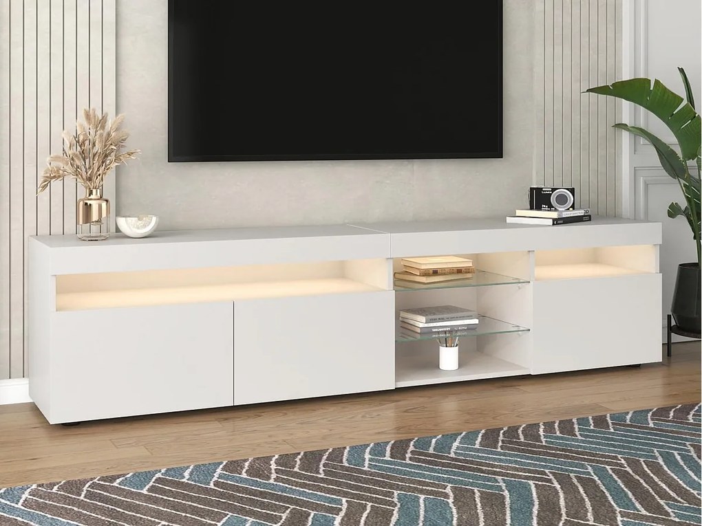 Nowoczesny mebel TV 180 cm z LED - 3 drzwi i 5 otwartych przegrodami - Biały