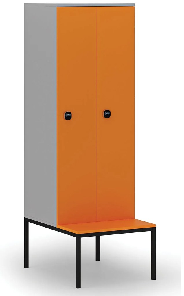 Drewniana szafa ubraniowa S4 z ławką, 2-drzwiowa, 1871 x 600 x 500/800 mm, demontaż, zamek RFID, szary/pomarańczowy