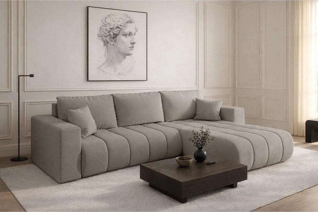 Narożnik z funkcją spania i pojemnikiem MILO PREMIUM, tkanina Wind, Piaskowy, Prawy