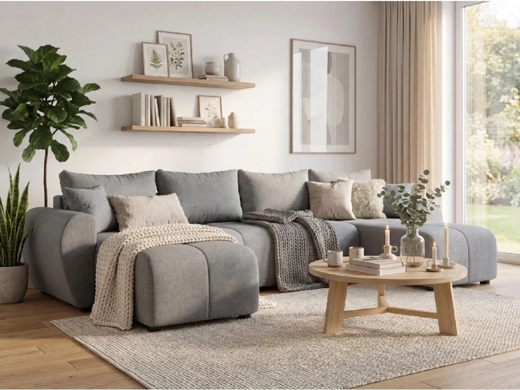 Rozkładana obustronna sofa w kształcie U SEVIO 311x145 cm, szara + 2 poduszki GRATIS