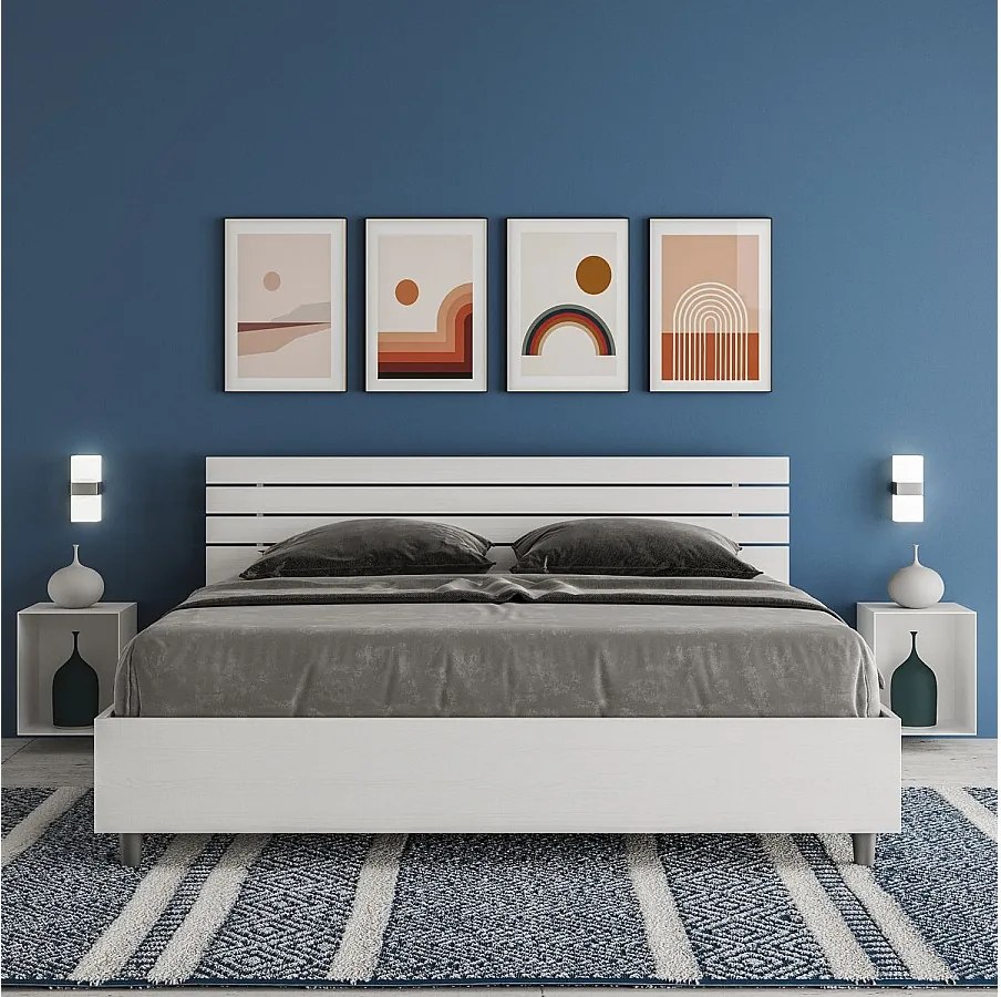 Łóżko wyposażone w stelaż z listwami z pojemnikiem 160x200 Prosty zagłówek z listwami Frassino biała Ankel