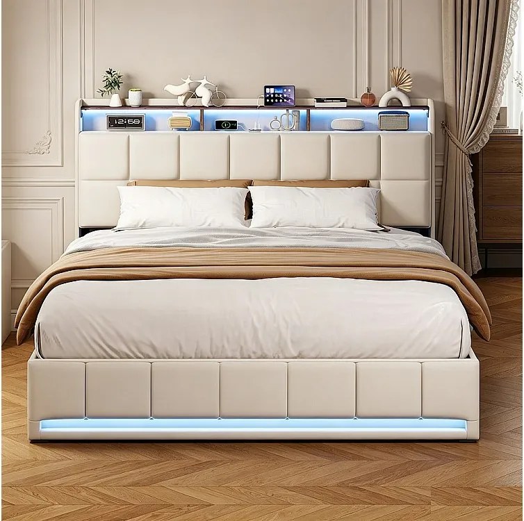 Łóżko z pojemnikiem 160x200 cm beżowe z lnu z oświetleniem LED RGB, wbudowanym USB i 3 szufladami do przechowywania, nowoczesny design