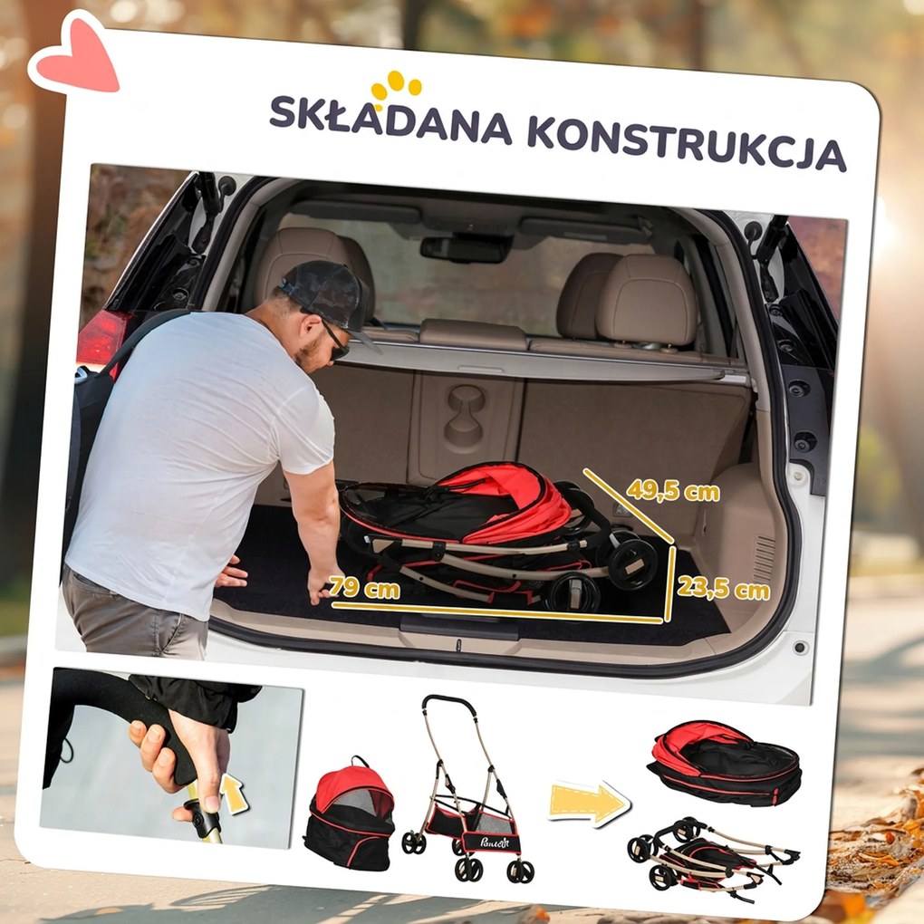 Outsunny Wózek dla Psa i Kota 2w1 Składany 1 Koszyk 1 Torba Czerwony | Aosom PL