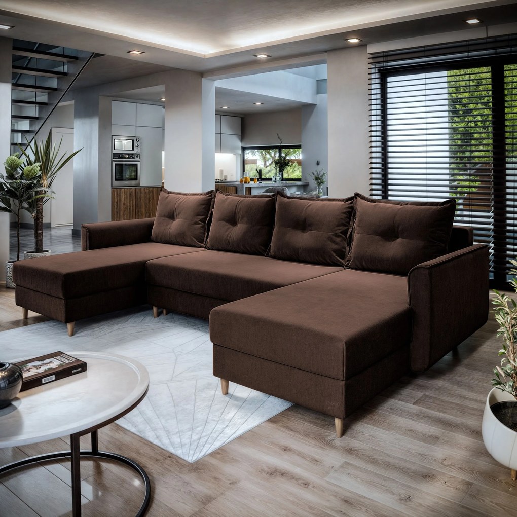Masseno Narożnik VERNI z funkcją spania i pojemnikiem na pościel Narozniki U, Rozkładana sofa - Brązowy, KRONOS 06