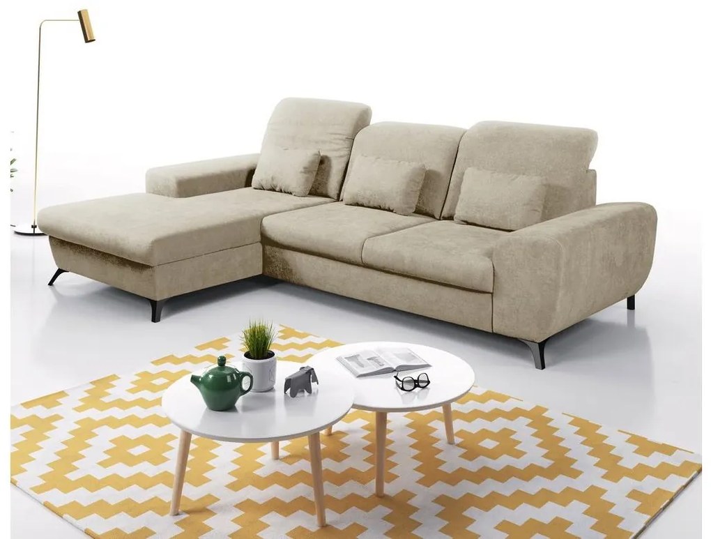 Rozkładany narożnik tapicerowany ALTA w kształcie L, lewy, beżowy, z pojemnikiem na pościel