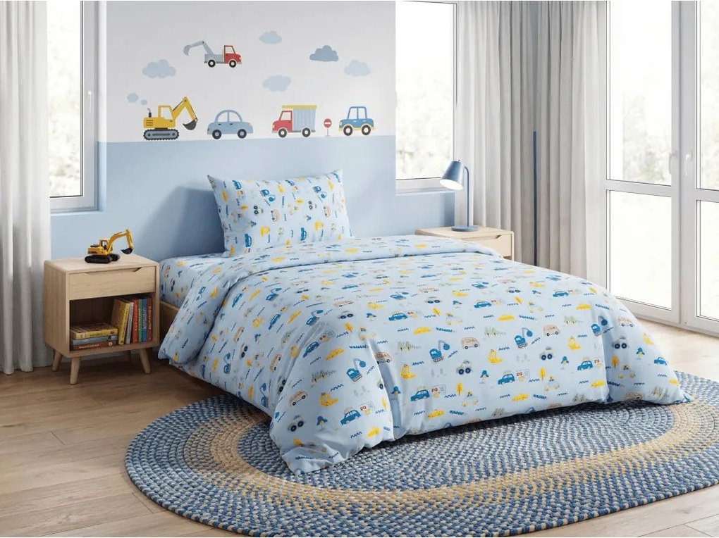 PrzytulneMieszkanie.pl PrzytulneMieszkanie.pl Dziecięca bawełniana pościel MINI TRUCKS niebieska, 100% bawełna Rozmiar pościeli: 70 x 90 cm | 140 x 200 cm