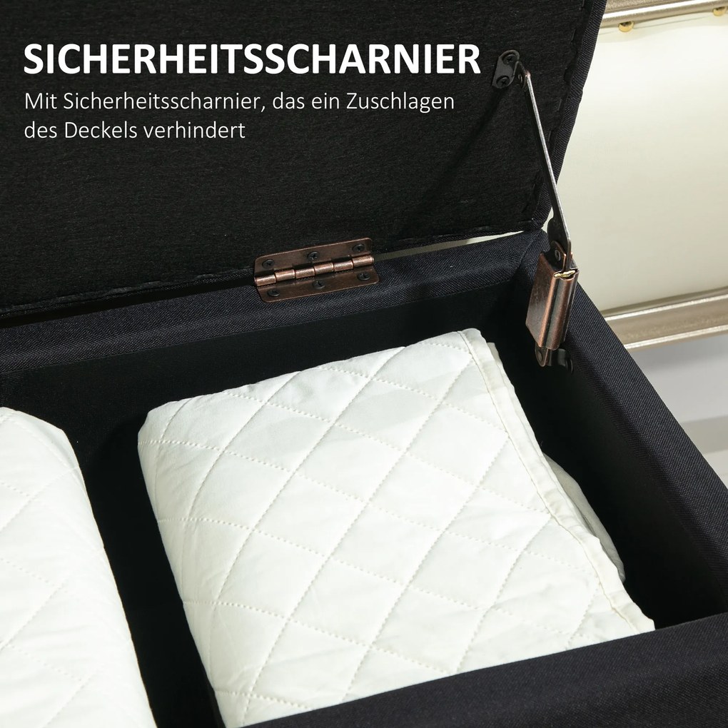 HOMCOM Ławka z Przestrzenią na Przechowywanie, Tapicerka w stylu Lnianego Poliestru, Drewno Kauczukowe, Czarna, 100 x 40 x 44 cm