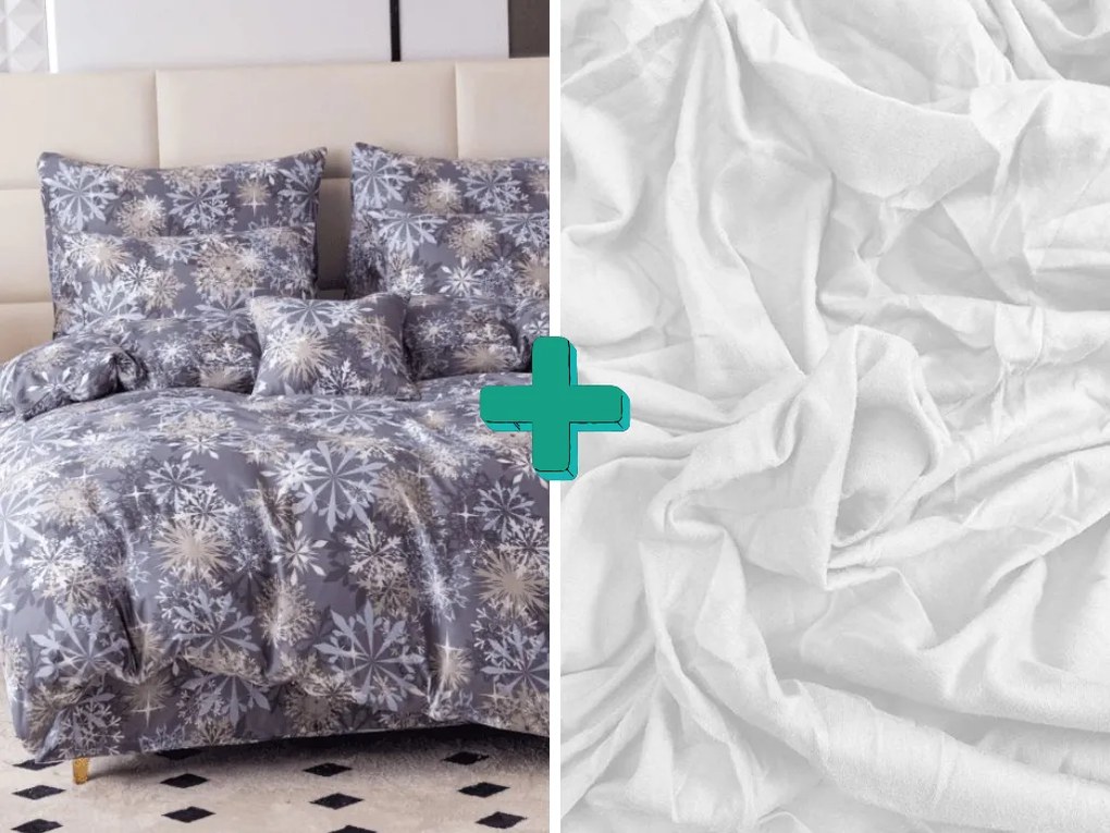 PrzytulneMieszkanie.pl PrzytulneMieszkanie.pl PrzytulneMieszkanie.pl Zestaw 2szt. pościeli z mikrofibry SNOWFLAKE niebiesko-szare + prześcieradło Jersey 180x200cm białe, podwójne łóżko
