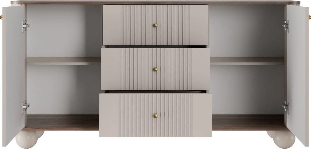 Komoda Vesper 160 cm z szufladami na kulach - kaszmir / orzech / złote uchwyty / nogi kule