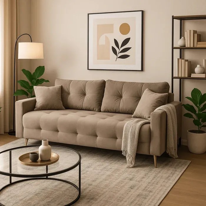 Sofa z Funkcją Spania SEUL Rozkładana Dwuosobowa Welurowa Beżowa Nowoczesna do Salonu