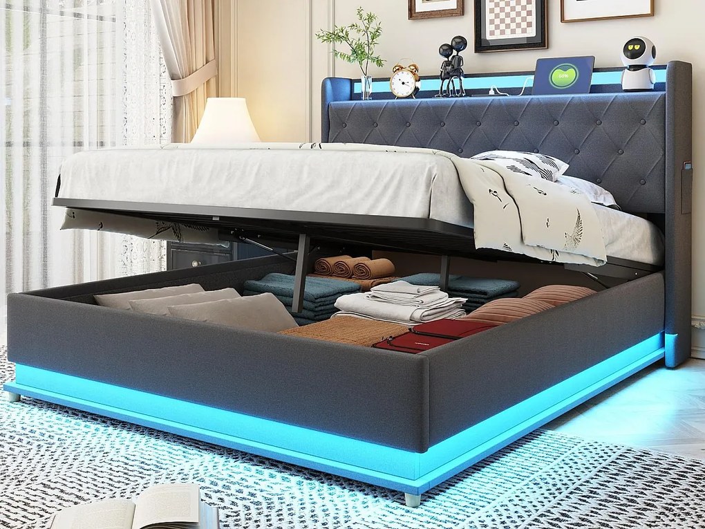 Łóżko z tapicerowanym zagłówkiem z LED 140x200 cm - z portem ładowania USB - z tkaniny lnianej - Szare