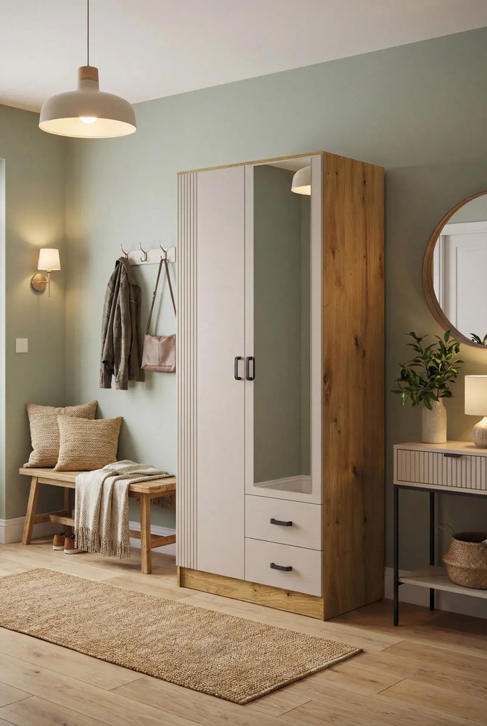 Szafa z lustrem i szufladami dąb artisan + kaszmir F9-M26