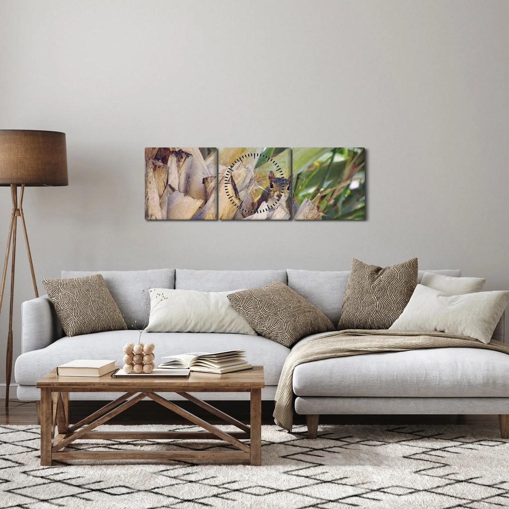 Obraz wiewiórki na drzewie (z zegarem) (90x30 cm)
