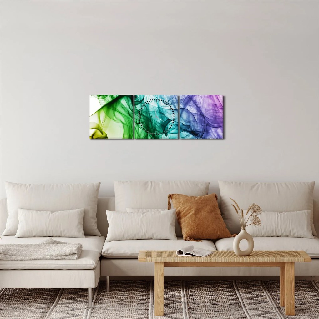 Obraz - kolorowy dym (z zegarem) (90x30 cm)