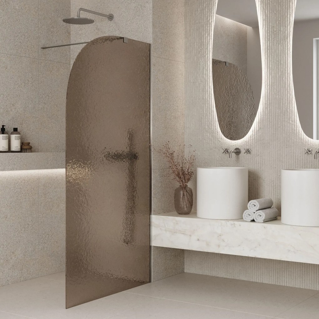 Ścianka prysznicowa WALK IN FIX artystyczna półokrągła brązowa 8 mm Arte Frozen Moon Brown MASSI | Różne rozmiary : Kolor profili kabiny - czarny, Szerokość ścianki - 80 cm, Typ montażu - WALK in FIX (Do ściany)