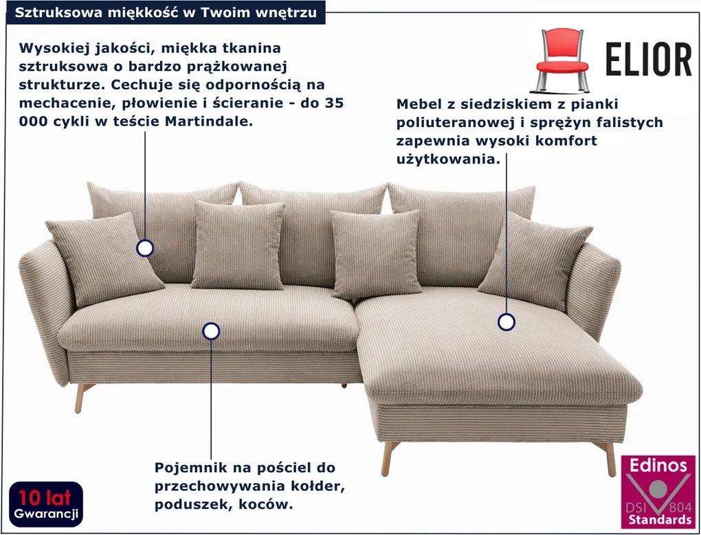 Sztruksowa kanapa narożna rozkładana cappuccino L7-F96