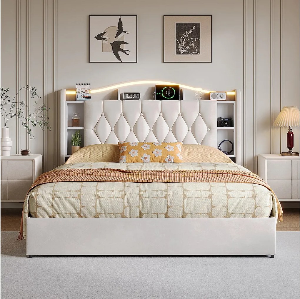 Łóżko z pojemnikiem welurowe 160x190 cm z zagłówkiem LED, ładowaniem USB/Type-C, wbudowanym schowkiem, nowoczesny design beżowy