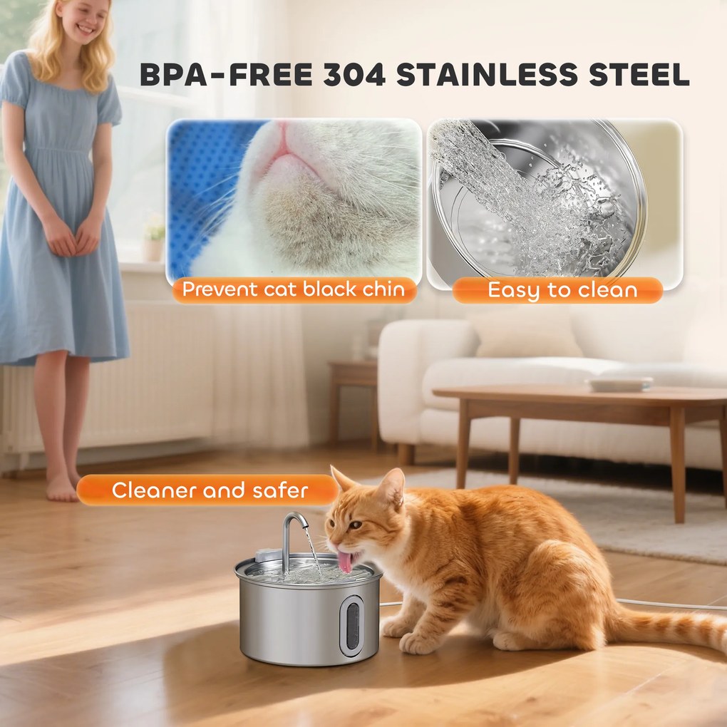 PawHut Fontanna dla kotów 2,5L z Cichą Pompą, Filtr węglowy LED 19,4 x 19,4 x 18,7 cm