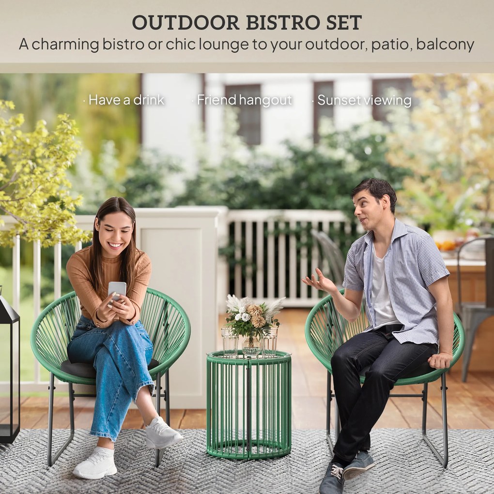 Outsunny 3-częściowy Zestaw Mebli Zewnętrznych, 1 Stół, 2 Krzesła, Blat z Szkła Hartowanego, Rattan Tworzywa Sztucznego na Stalowej Ramie, Miękkie Poduszki, Kolor Zielony