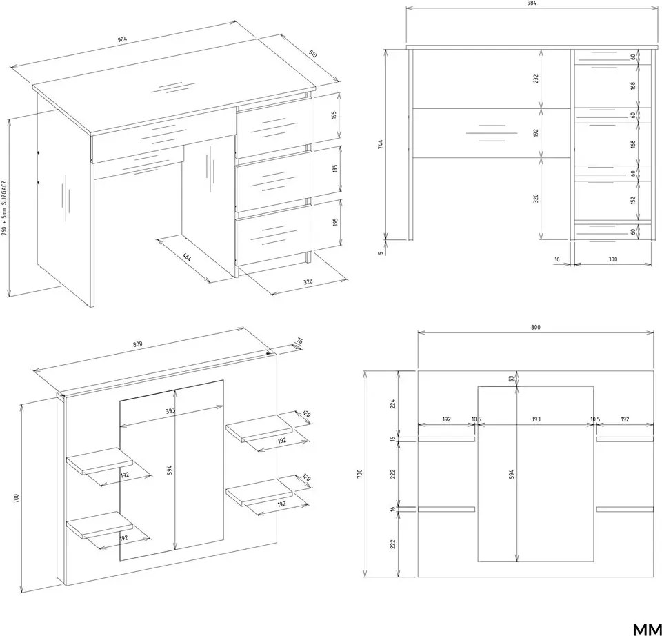 Biała prawostronna toaletka z lustrem i regałem  W4-Z10