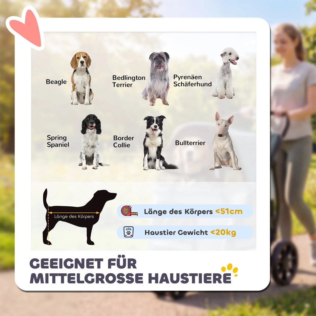 PawHut Wózek dla psa składany z zmywalną poduszką, oknami z siatki, 3 kołami, dla średnich psów do 20 kg, szary | Aosom PL