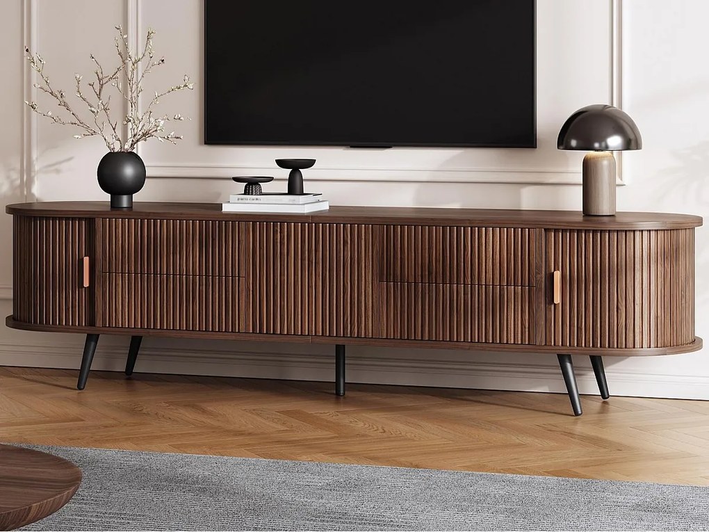 Owalne meble TV 180x40x45 cm - 4 szuflady i 2 drzwi przesuwne - MDF - Ciemny orzech