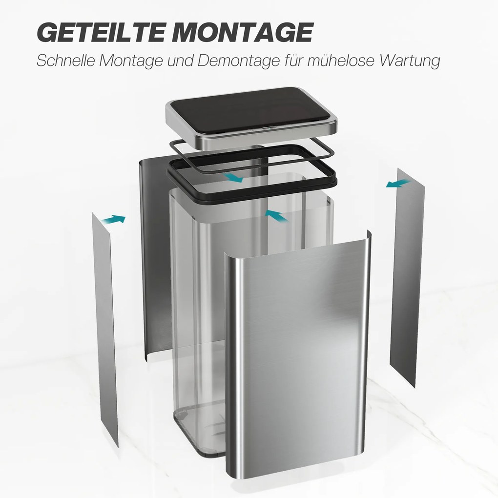 HOMCOM Kosz na śmieci z czujnikiem 50L Stal nierdzewna Automatyczny kosz z miękkim zamykaniem pokrywy Czujnik ruchu 35,5 x 26 x 67 cm Srebrny | Aosom PL