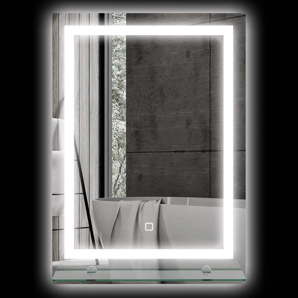 Kleankin LED Lustro łazienkowe, ściemnialne, przeciwmgielne, z przełącznikiem dotykowym, półka, 50 x 70 cm, Srebrny | Aosom PL
