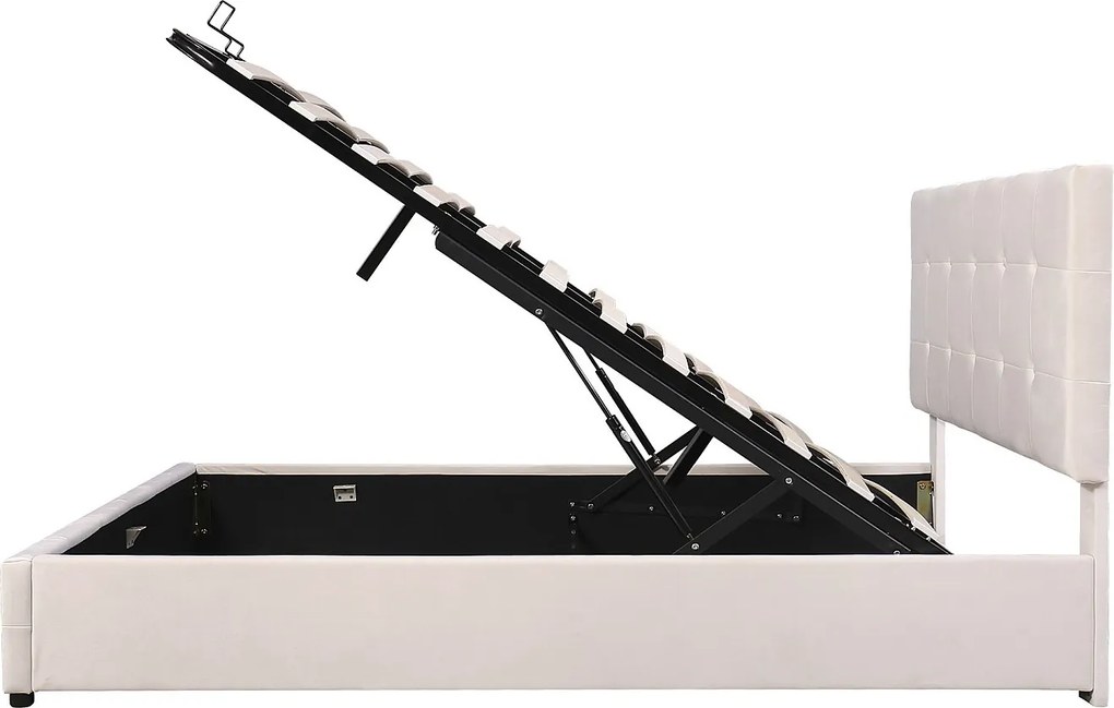 Łóżko 140 x 200 cm z pojemnikiem - Łóżko podwójne z regulowanym zagłówkiem - biały aksamit - bez materaca