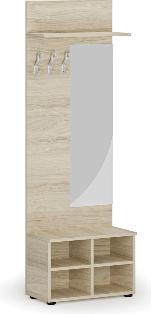Garderoba z szafką na buty i lustrem HORIZONT, 3 haczyki, półka, tekstura drewna poziomo, dąb naturalny