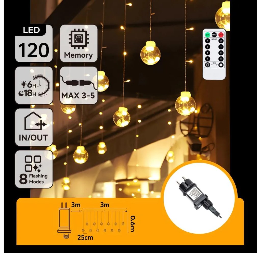 Aigostar - LED zewnętrzne lampki świąteczne 120xLED/6W/230V/8 funkcji 3x0,6m IP44 ciepła biała + pilot