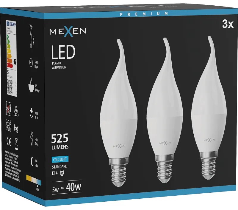 Mexen Nova 3x żarówka LED płomyk E14, C37, 5W, Zimna - 6500K, 525 lm - L106-E14-0565-01x03