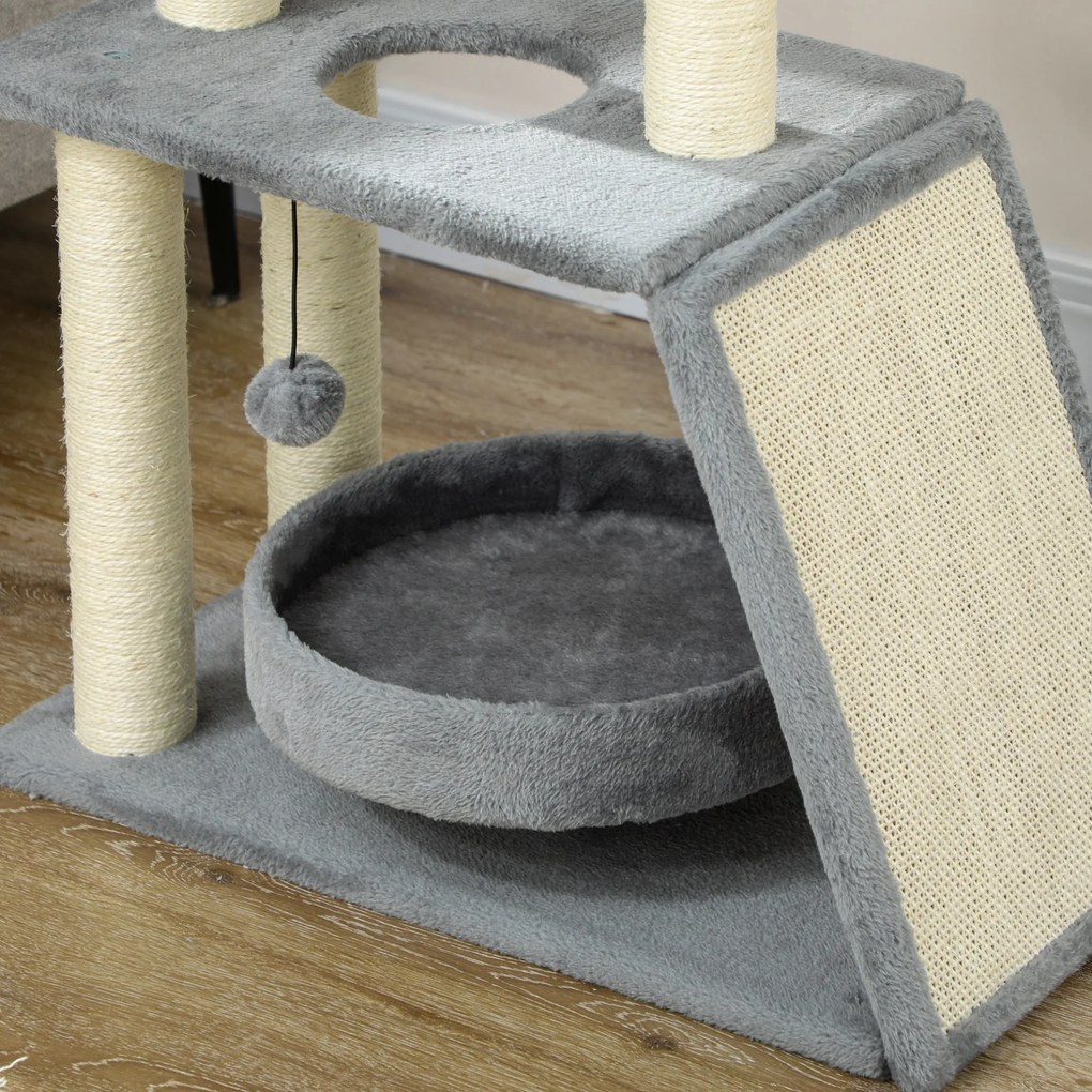 PawHut Drapak dla kota, w zestawie zabawka i legowisko, 60 cm x 30 cm x 76 cm, jasnoszary | Aosom PL