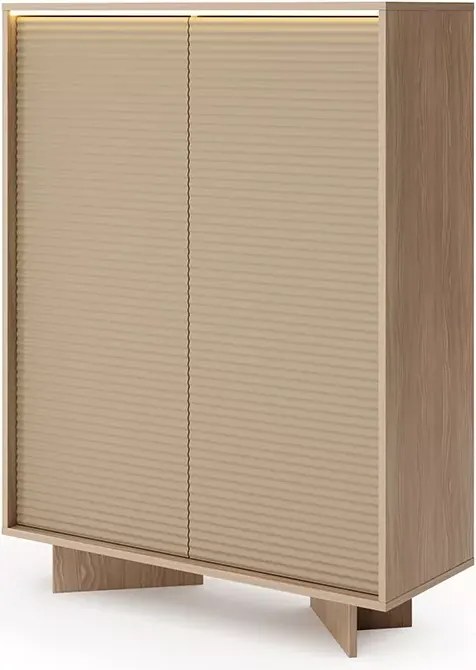 Komoda wysoka Parsja 2D LED – ryflowane fronty, bolivar naturalny / cappuccino, push-to-open