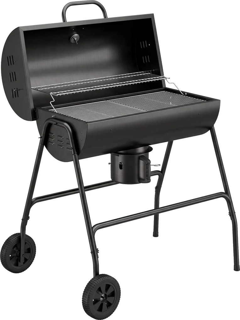 Outsunny Grill węglowy Metal BBQ z pokrywą Termometr Koła Wózek grillowy 95x71,5x102 cm Czarny