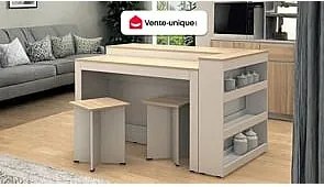Zestaw wyspa kuchenna + 2 stołki barowe - Biały i Naturalny jasny - NUSICE