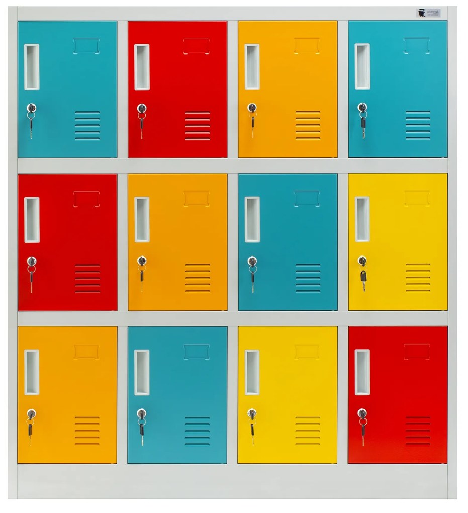 Socjalna szafa skrytkowa BHP do szkół i przedszkoli OLA, 1090 x 1200 x 450 mm, szaro-wielokolorowa