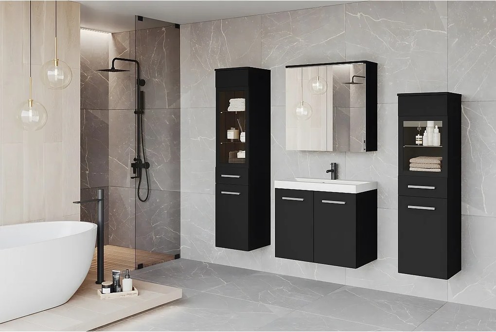 Meble łazienkowe, zestaw wiszący do łazienki z umywalką, 2 słupkami i szafką lustrzaną, czarny grafit mat