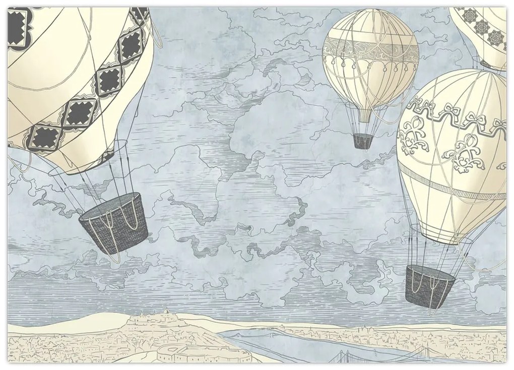 Obraz na szkle - Balony nad miastem, zimne odcienie (70x50 cm)