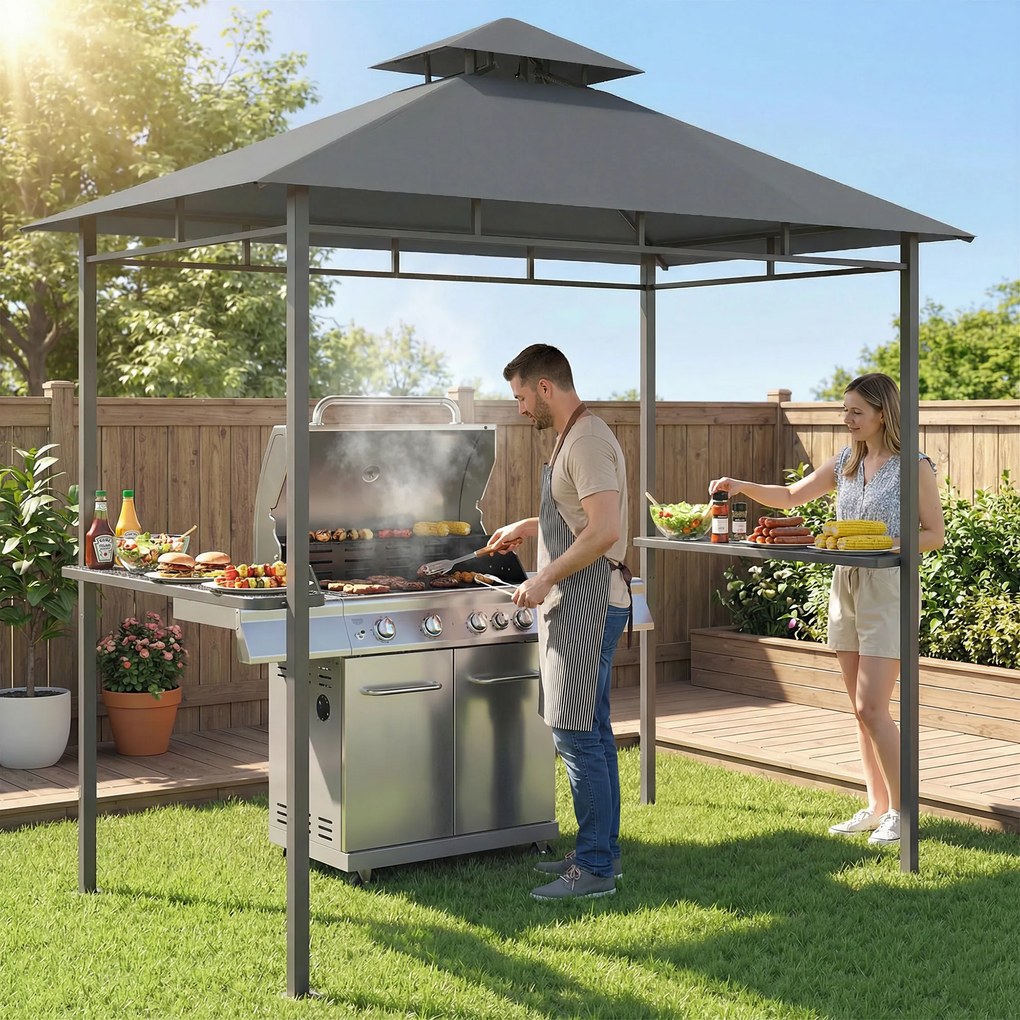 Outsunny Pawilon grillowy 2,4 x 1,4 m, wiatroodporne zadaszenie z dwuwarstwowym dachem i półkami bocznymi | Aosom PL