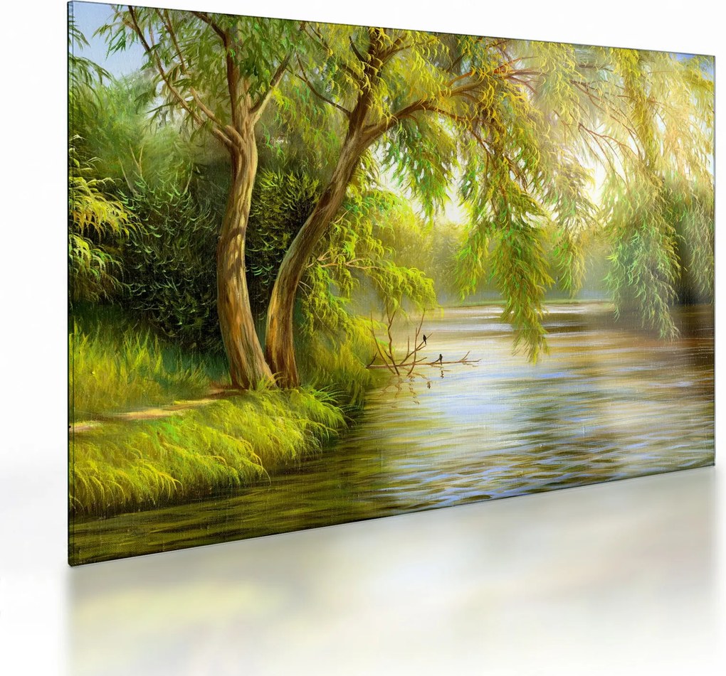 Obraz na szkle - Wierzba nad jeziorem, obraz olejny (70x50 cm)