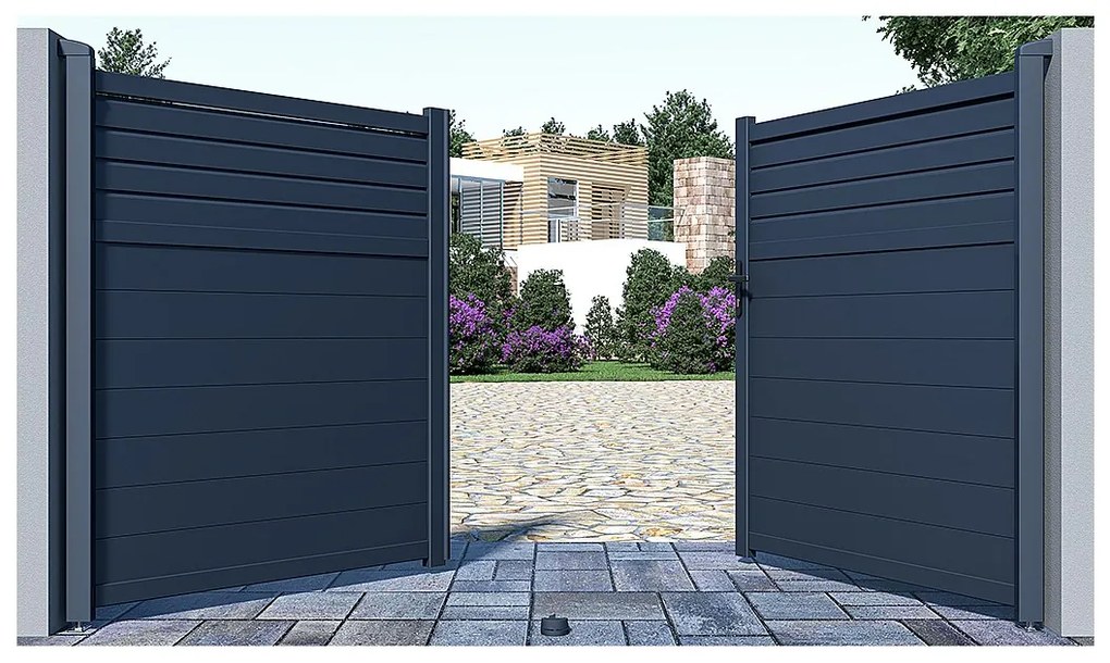 Skrzydłowa, aluminiowa brama z żaluzją Dł.305 x Wys.181 cm antracytowa VIAZO