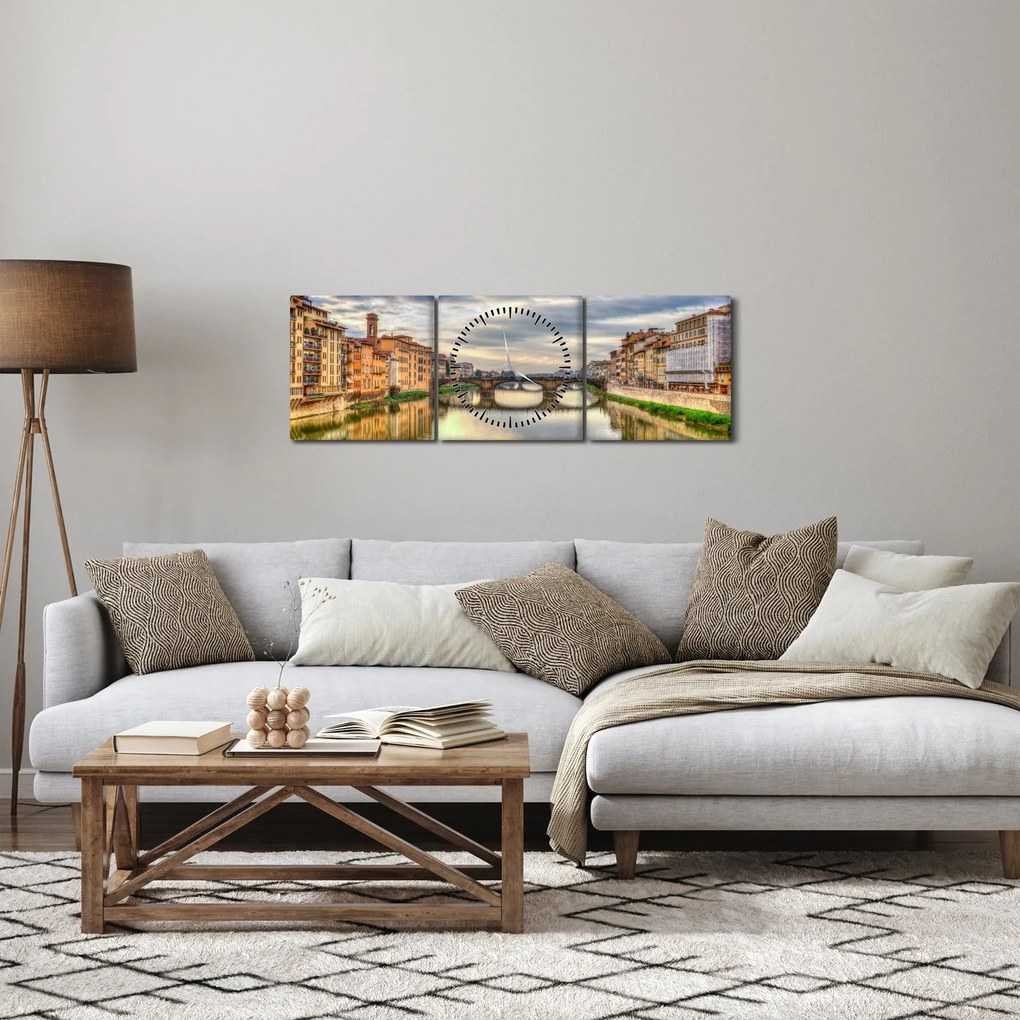 Obraz miasta z rzeką (z zegarem) (90x30 cm)