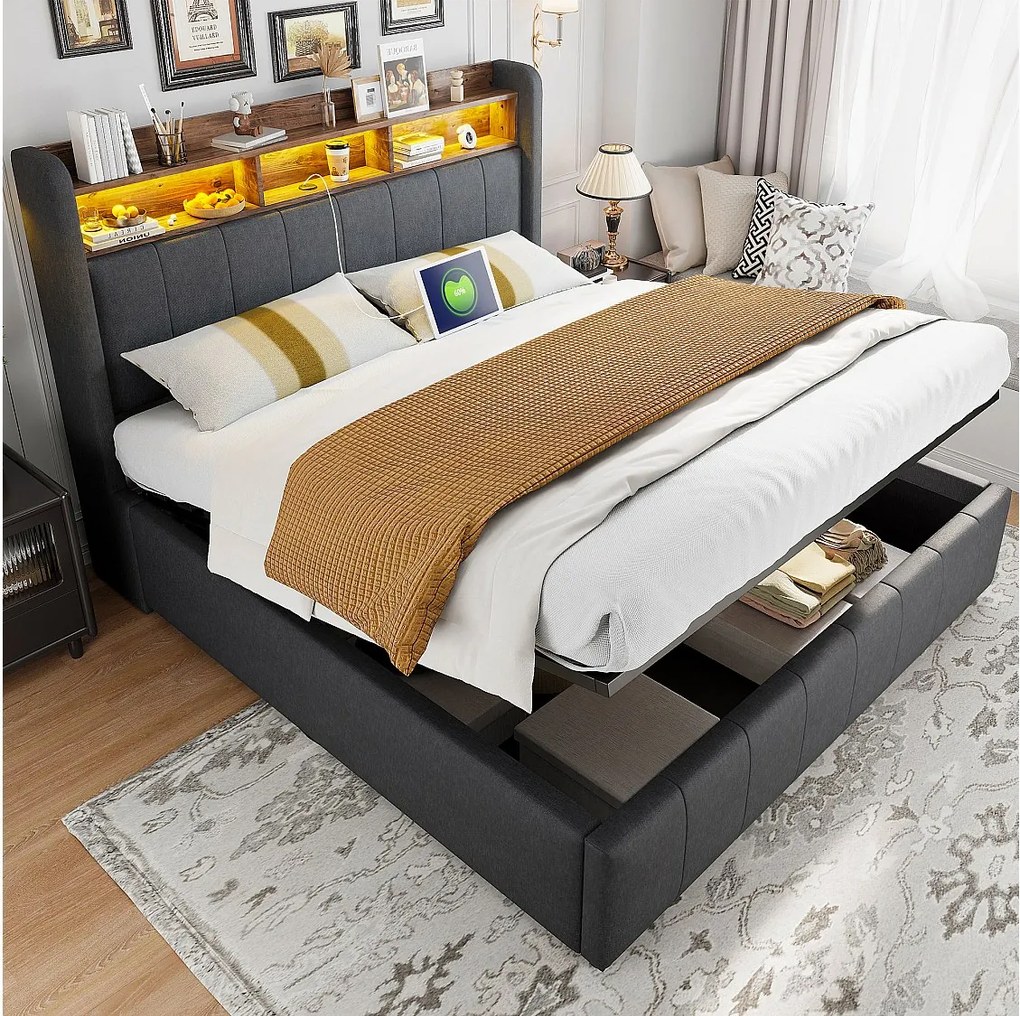 Łóżko 160x200 cm z pojemnikiem - Łóżko dla dorosłych z oświetleniem LED i ładowaniem USB - Zagłówek z półkami i schowkiem - szary len