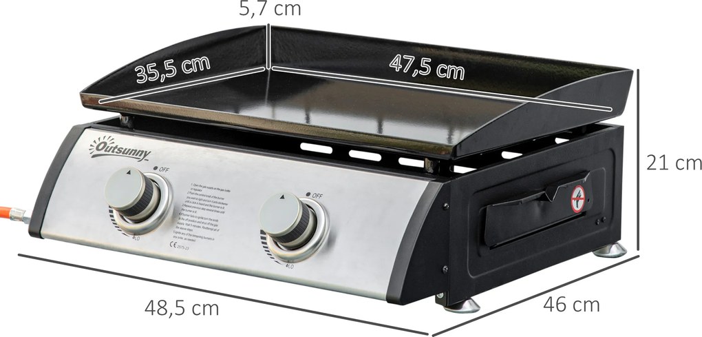 Outsunny Grill gazowy z 2 palnikami, wąż, płyta do grilla nieprzywierająca, stal nierdzewna, Kolor: Srebrny, 48,5 x 46 x 21 cm