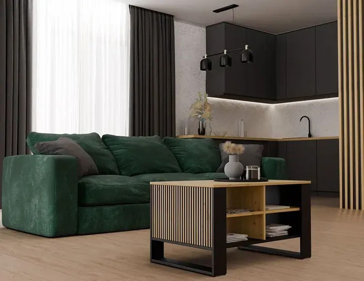 Stolik kawowy z lamelami dąb artisan + czarny H3-D03